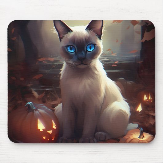 Halloween Siamese kat met pompoenen eng Muismat (Voorkant)