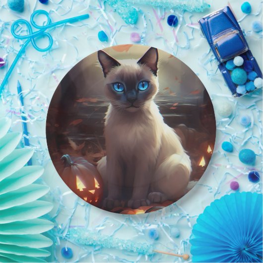 Halloween Siamese kat met pompoenen eng Papieren Bordje (Feest)