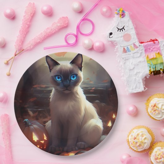 Halloween Siamese kat met pompoenen eng Papieren Bordje (Feest)