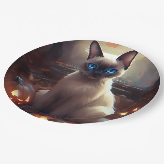 Halloween Siamese kat met pompoenen eng Papieren Bordje (Gekanteld)