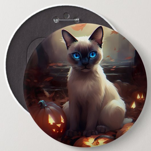 Halloween Siamese kat met pompoenen eng Ronde Button 6,0 Cm (Voorkant /achterkant)