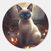 Halloween Siamese kat met pompoenen eng Ronde Sticker (Voorkant)