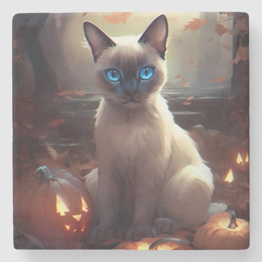 Halloween Siamese kat met pompoenen eng Stenen Onderzetter (Voorkant)