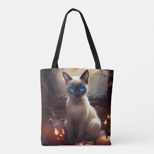 Halloween Siamese kat met pompoenen eng Tote Bag (Achterkant)