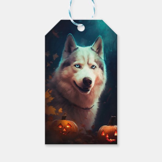 Halloween Siberian Husky met pompoenen eng Cadeaulabel (Voorkant)