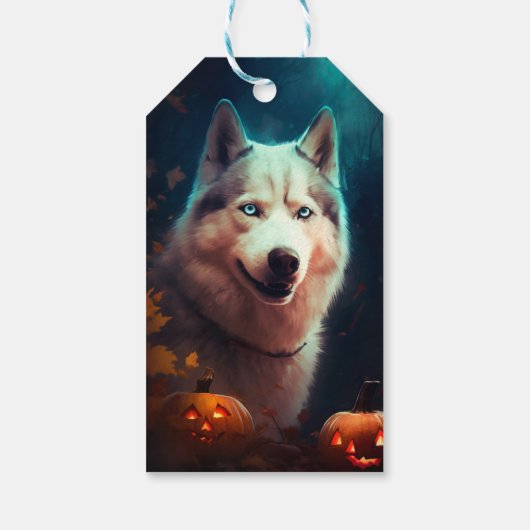 Halloween Siberian Husky met pompoenen eng Cadeaulabel (Achterkant)