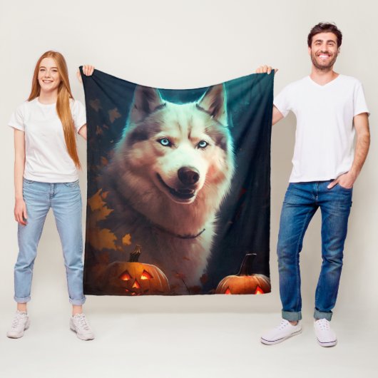 Halloween Siberian Husky met pompoenen eng Fleece Deken (In situ)