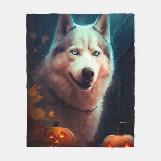Halloween Siberian Husky met pompoenen eng Fleece Deken (Voorkant)