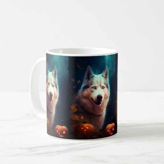 Halloween Siberian Husky met pompoenen eng Koffiemok (Voorkant links)