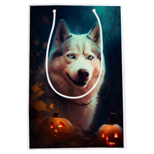 Halloween Siberian Husky met pompoenen eng Medium Cadeauzakje (Voorkant)