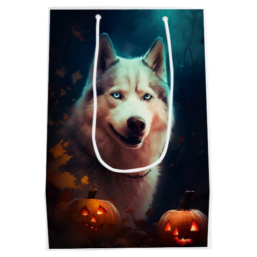 Halloween Siberian Husky met pompoenen eng Medium Cadeauzakje (Achterkant)