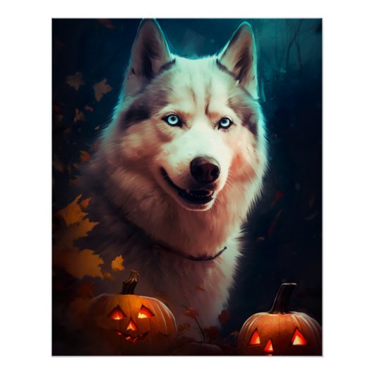 Halloween Siberian Husky met pompoenen eng Perfect Poster (Voorkant)