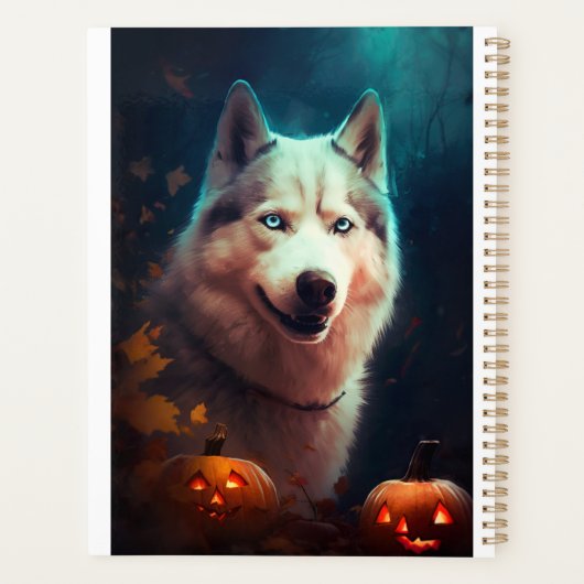 Halloween Siberian Husky met pompoenen eng Planner (Achterkant)