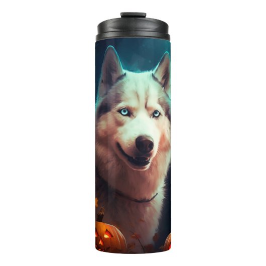 Halloween Siberian Husky met pompoenen eng Thermosbeker (Voorkant)