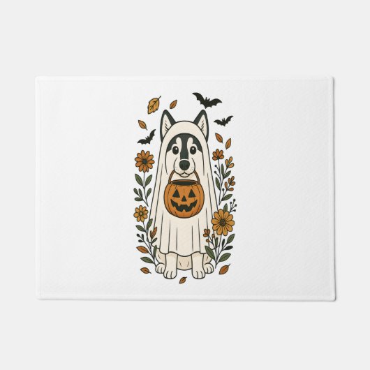Halloween Siberische Husky Bloemen Deurmat (Voorkant)