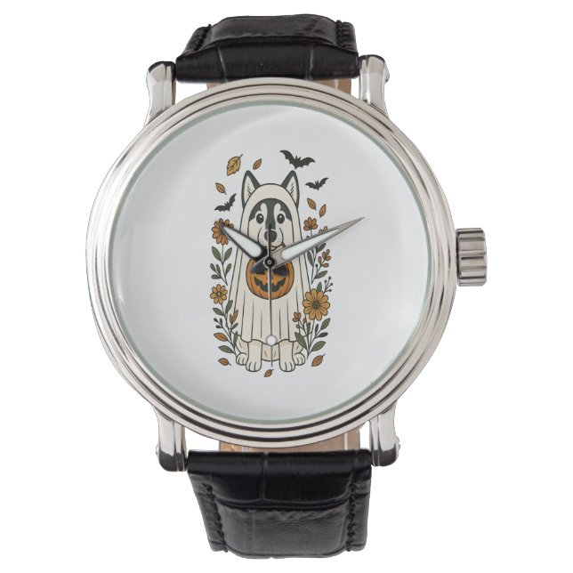 Halloween Siberische Husky Bloemen Horloge (Voorkant)