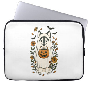 Halloween Siberische Husky Bloemen Laptop Sleeve