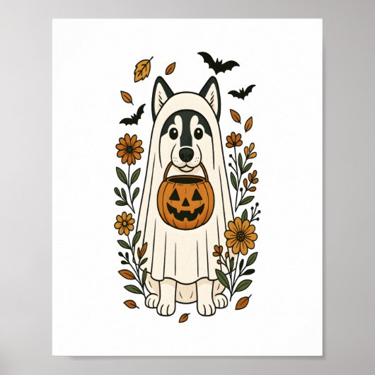 Halloween Siberische Husky Bloemen Poster (Voorkant)