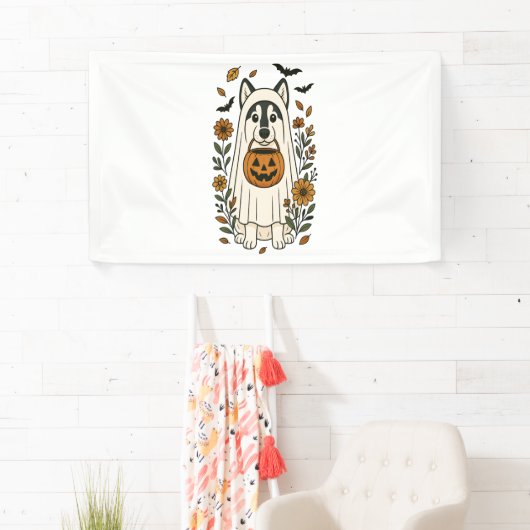 Halloween Siberische Husky Bloemen Spandoek (Insitu)