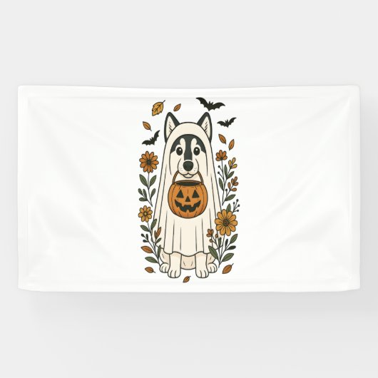 Halloween Siberische Husky Bloemen Spandoek (Horizontaal)