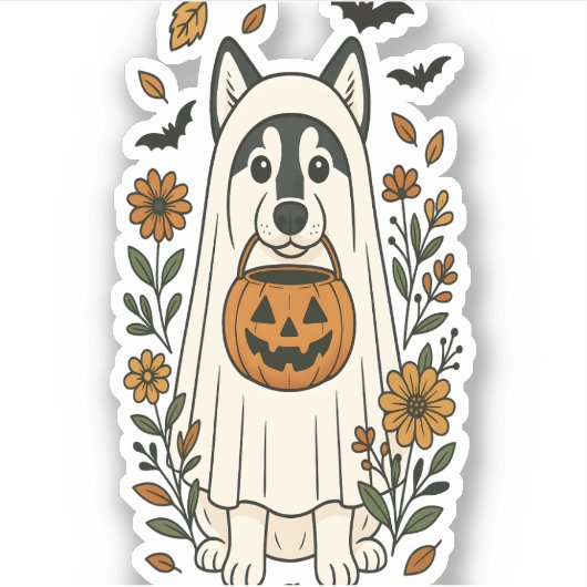 Halloween Siberische Husky Bloemen Sticker (Voorkant)