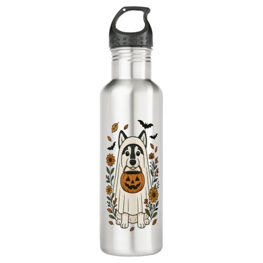 Halloween Siberische Husky Bloemen Waterfles (Voorkant)