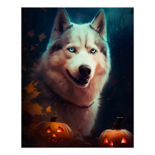 Halloween Siberische Husky Met Pompoenen Eng  Perfect Poster