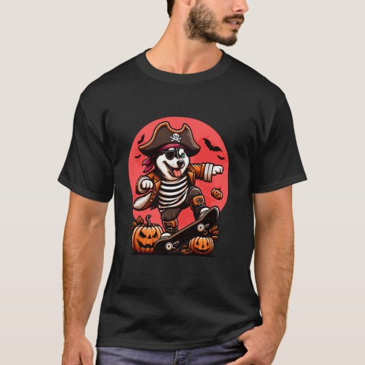 Halloween Siberische Husky Pirate Skateboard Spook T-shirt (Voorkant)