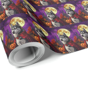 Halloween Siberische Husky Vampire Pumpkins eng Cadeaupapier