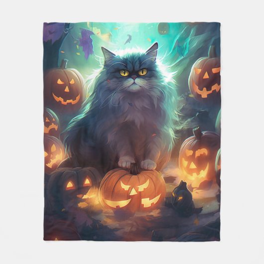 Halloween Siberische kat met pompoenen eng Fleece Deken (Voorkant)