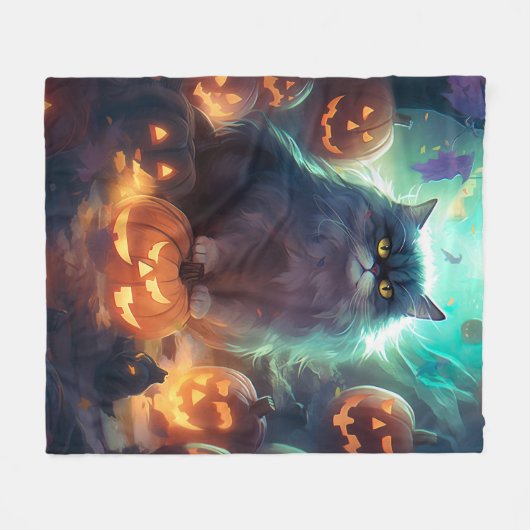 Halloween Siberische kat met pompoenen eng Fleece Deken (Voorkant (Horizontaal))