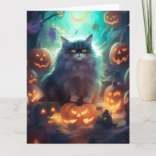 Halloween Siberische kat met pompoenen eng Kaart (Voorkant)