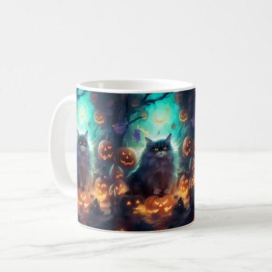 Halloween Siberische kat met pompoenen eng Koffiemok (Voorkant links)