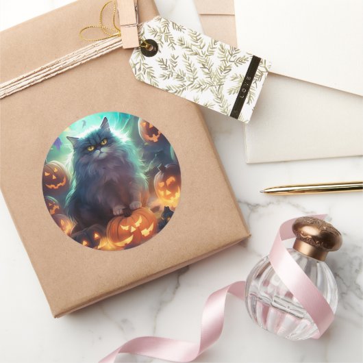 Halloween Siberische kat met pompoenen eng Ronde Sticker (Geschenken)