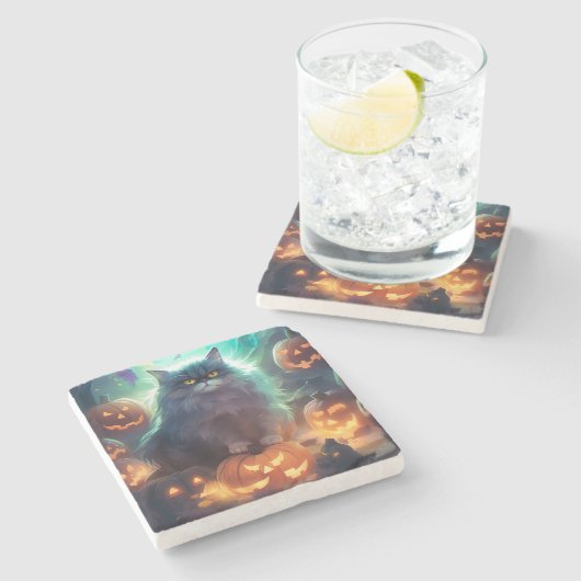 Halloween Siberische kat met pompoenen eng Stenen Onderzetter (Zijkant)