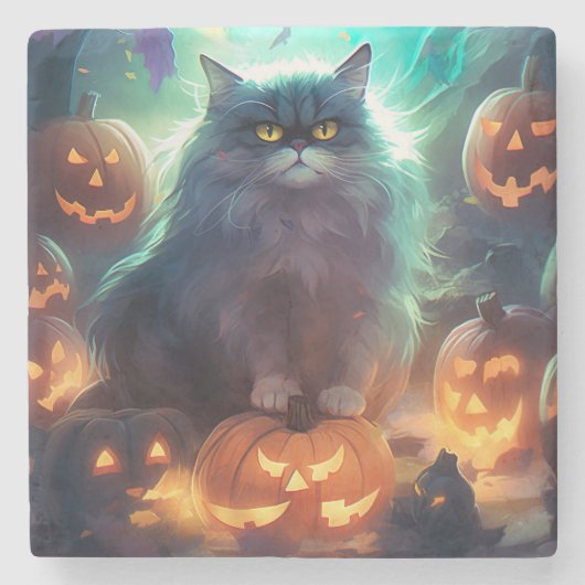 Halloween Siberische kat met pompoenen eng Stenen Onderzetter (Voorkant)