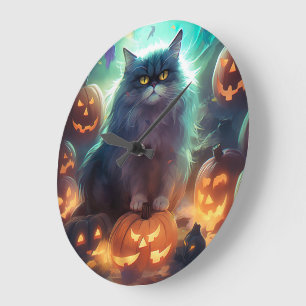 Halloween Siberische Kat Met Pompoenen Griezelen Grote Klok