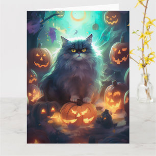 Halloween Siberische Kat Met Pompoenen Griezelen Kaart