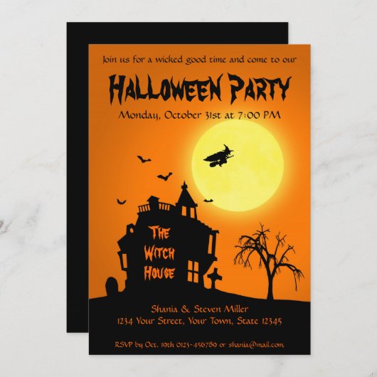 Halloween Silhouette Witch Haunted House Party Kaart (Voorkant / Achterkant)