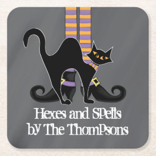 Halloween Simple Whimsical Witch Shoes Black Cat Kartonnen Onderzetters