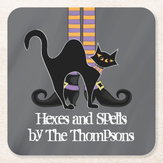 Halloween Simple Whimsical Witch Shoes Black Cat Kartonnen Onderzetters (Voorkant)