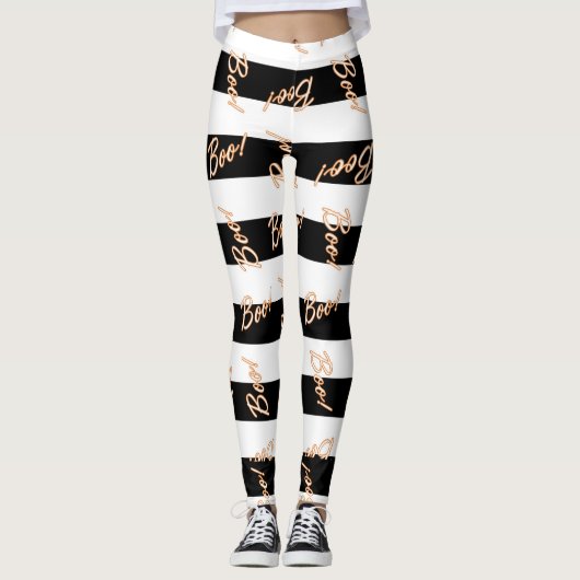Halloween Sinaasappel BOO Zwart & Wit Gestreept Fe Leggings (Voorkant)
