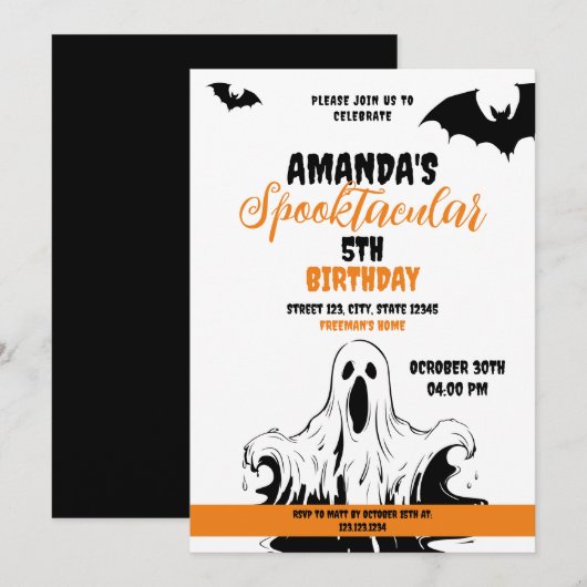 Halloween Sinaasappel en White Scary Ghost Verjaar Kaart (Voorkant / Achterkant)