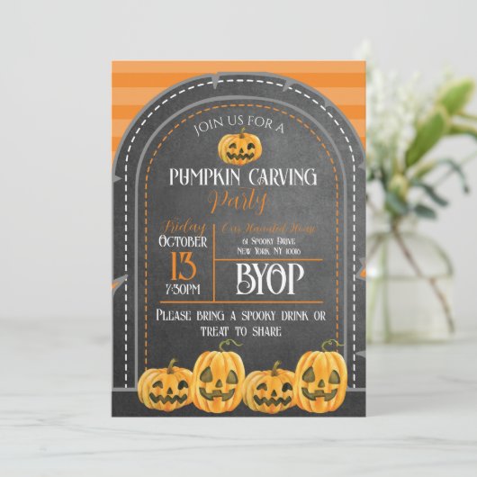 Halloween Sinaasappel en zwarte pompoen Carving Kaart (Staand voorkant)