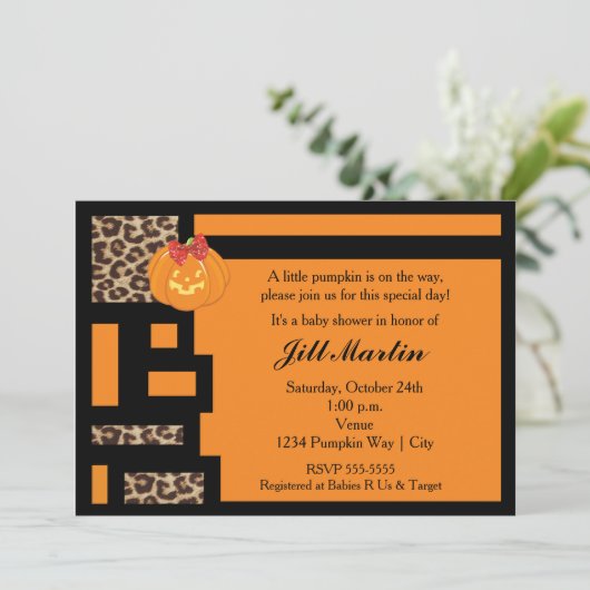 Halloween Sinaasappel & Leopard Baby shower Uitnod Kaart (Staand voorkant)