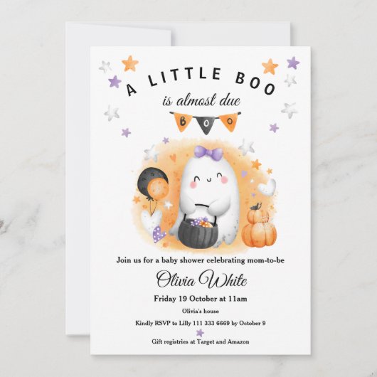 Halloween Sinaasappel Little Boo Ghost Meisje Baby Kaart (Voorkant)