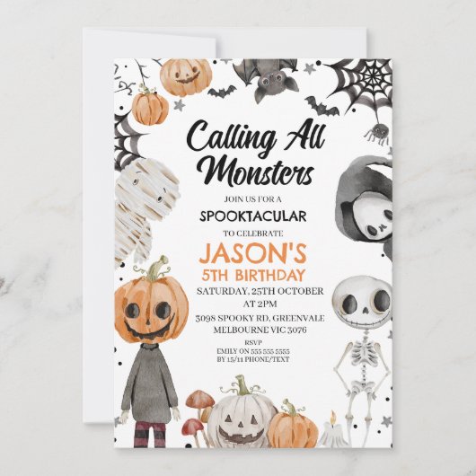Halloween Sinaasappel roept alle monsters verjaard Kaart (Voorkant)