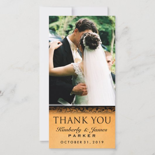 Halloween Sinaasappel & Zwart Trouwfoto Dank u Bedankkaart (Voorkant)