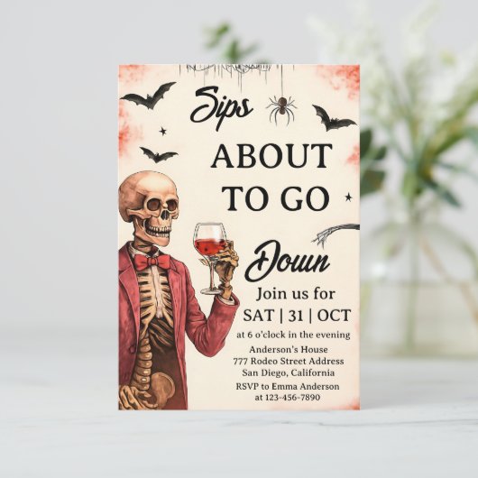 Halloween "Sips About To Go Down" Skelet Kaart (Staand voorkant)