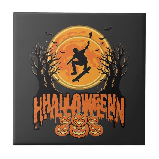 Halloween Skateboard Maan Ontwerp Halloween Tegeltje (Voorkant)